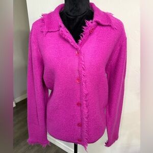 Karen Scott Jewel Tone Fuchsia 100% Wool Fringe Cardigan. Size M